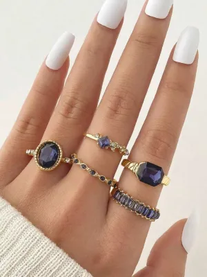 5pcs Blue Retro Faux Gemstone Ring Set